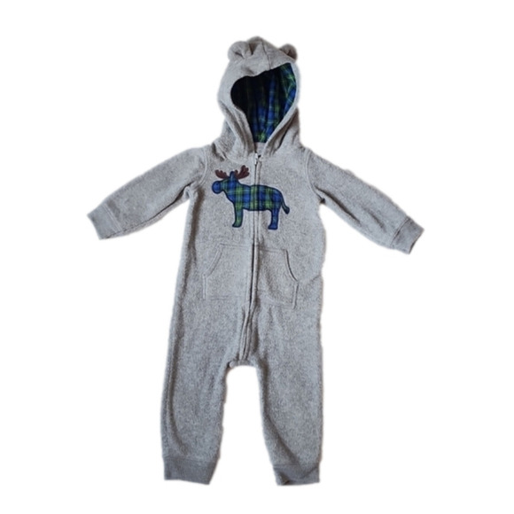 𝅺CARTERS moose plaid bodysuit hooded size 12 months - Picture 1 of 3